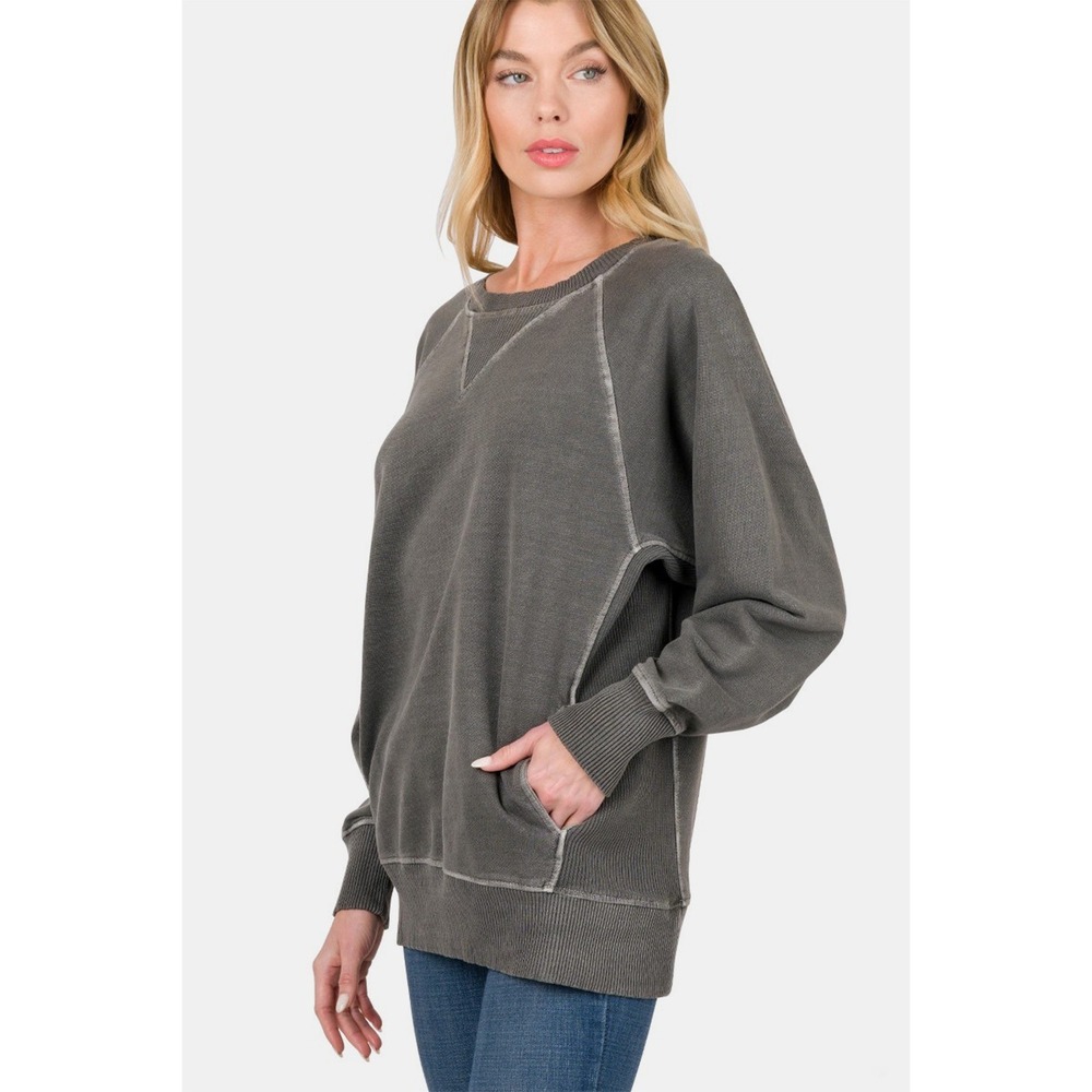 Zenana Round Neck Long Sleeve Sweatshirt - Small